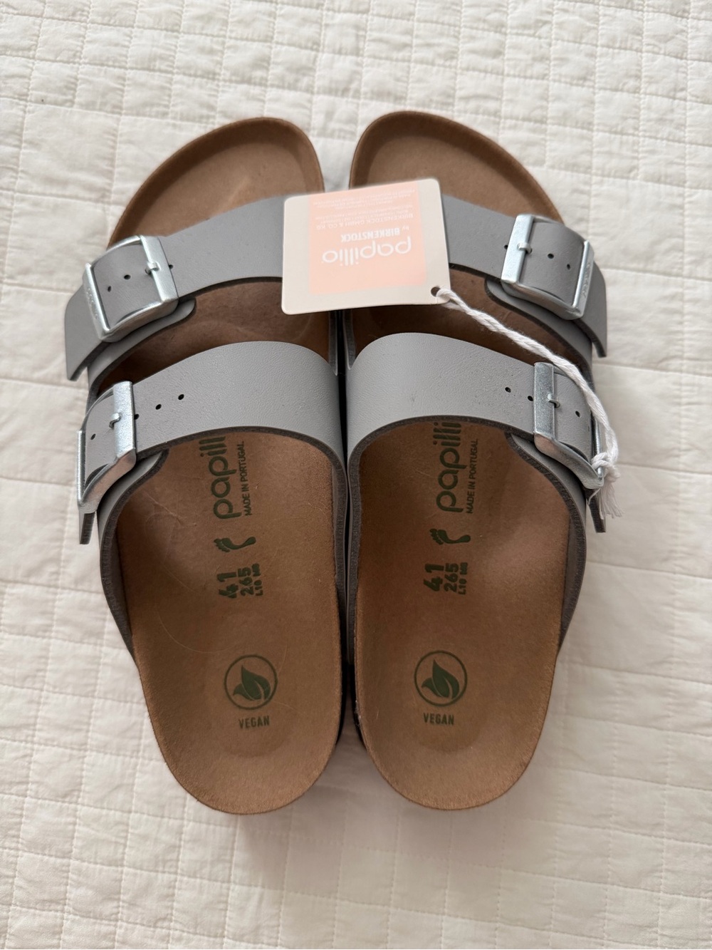 Papillio Women’s Two-Buckle Vegan Slide Sandals in Light Gray